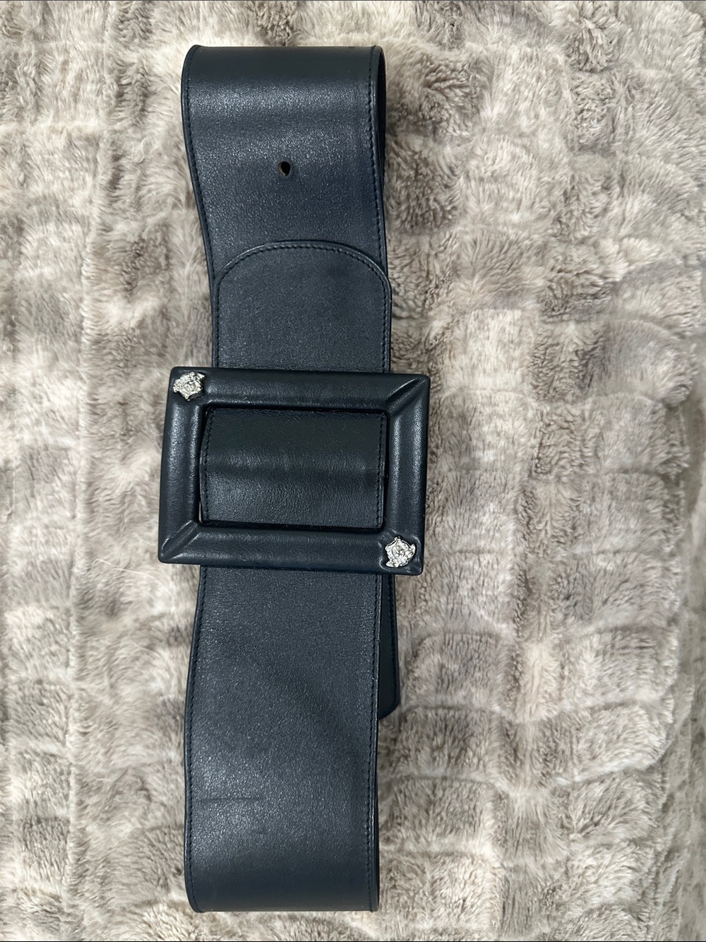 VERSACE Black Wide Leather Belt with classic medusa Decorative Buckle